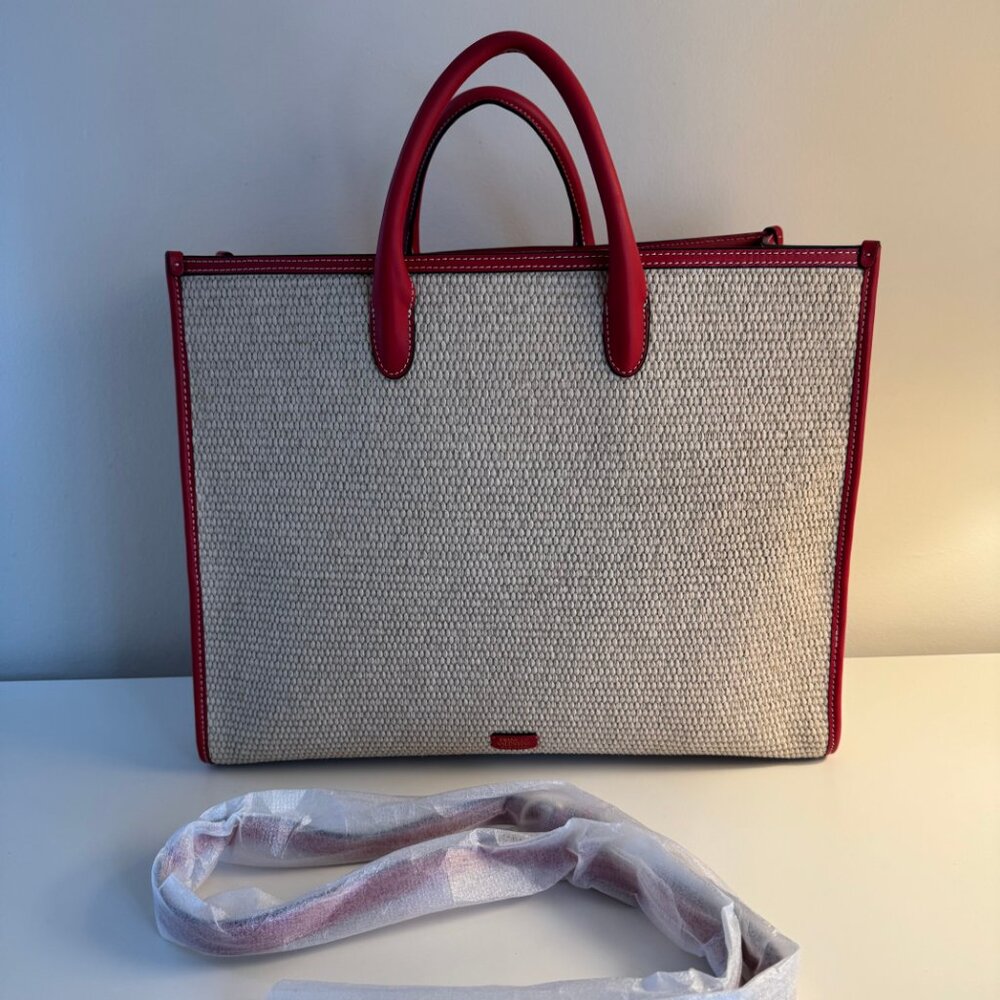 Frances Valentine Large Raffia Red Leather Trimmed Tote Bag MINT CONDITION L/N
